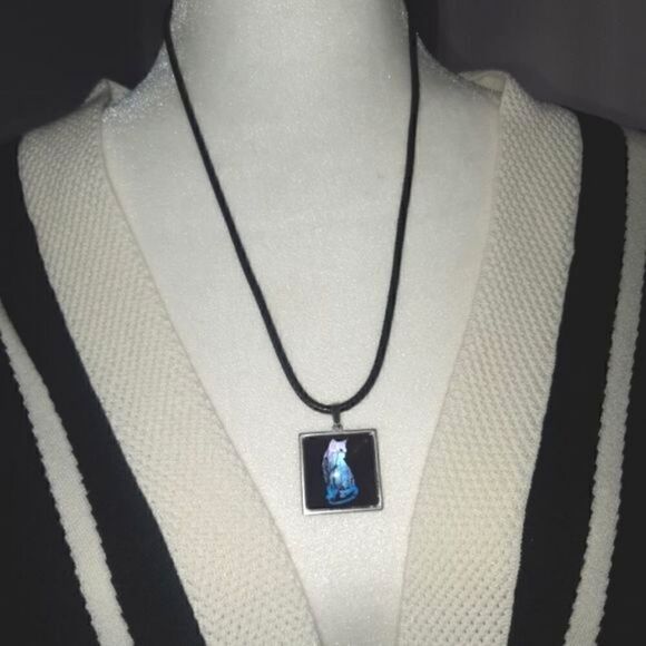 Cat Silhouette Hand Crafted Stainless Steel Charm Leather Adjustable Necklace - Picture 6 of 10